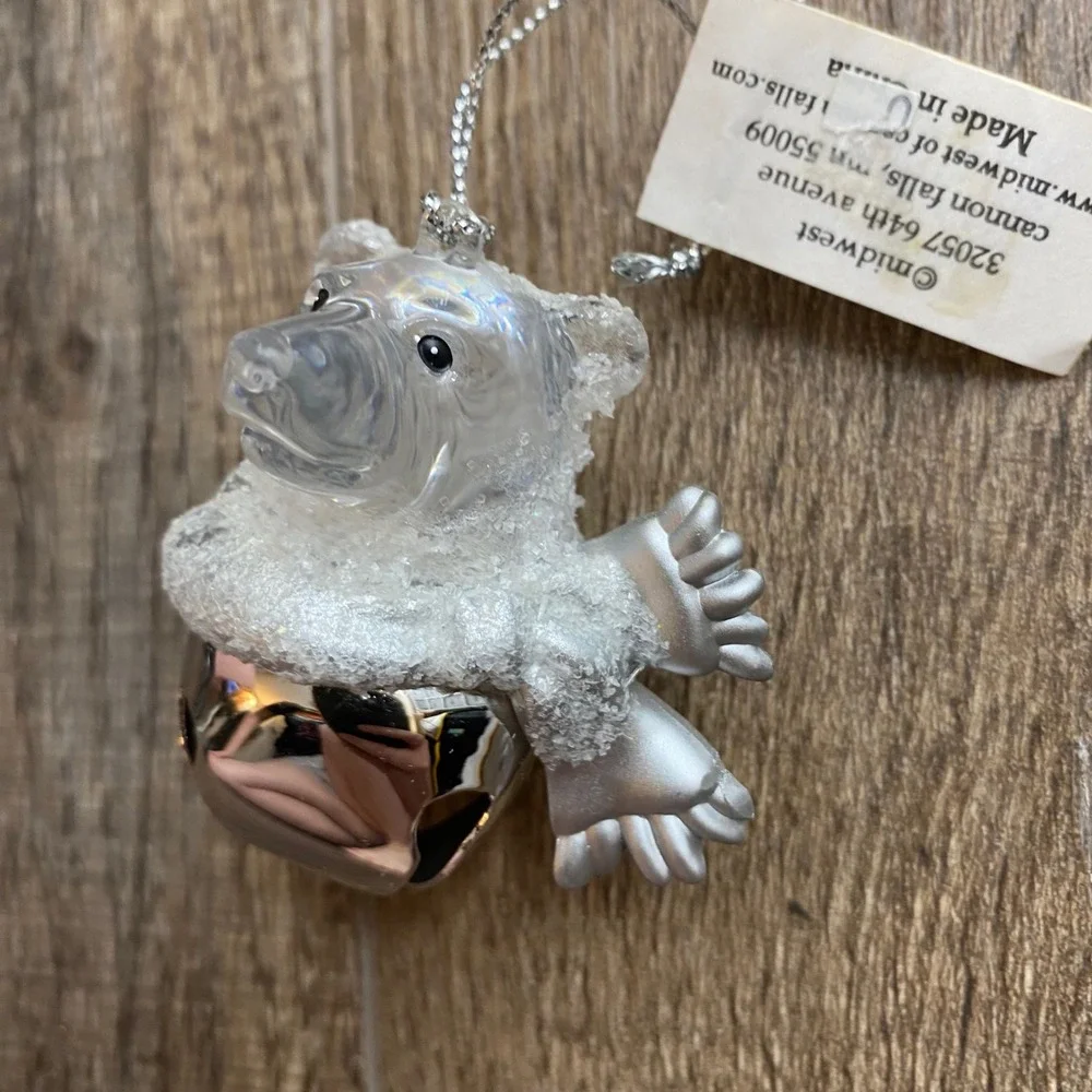 Midwest Cannon Falls Polar Bear Jingle Bell Christmas Ornament Silver Clear